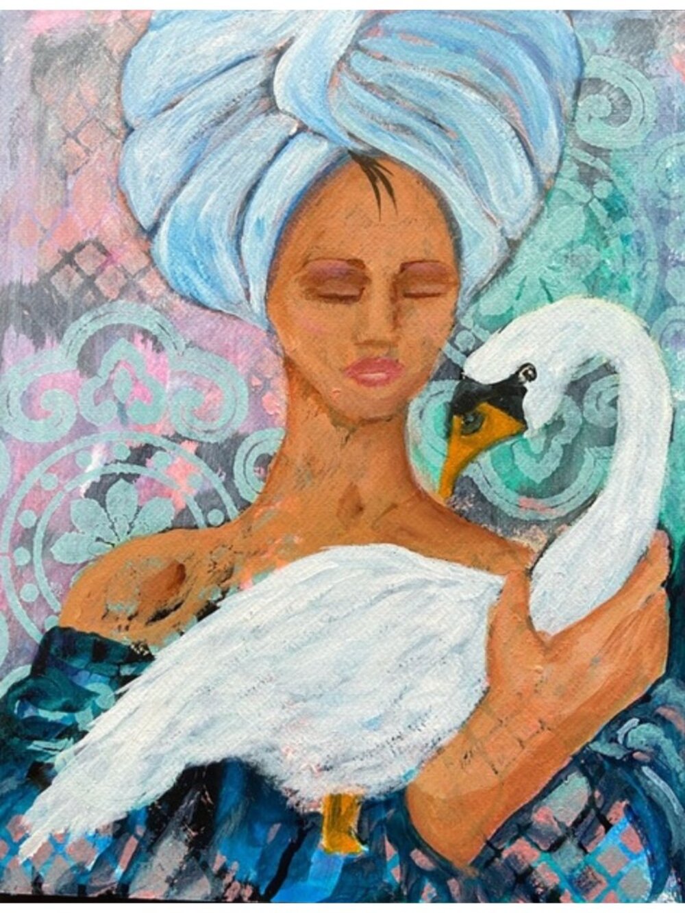 Serene Woman with Swan Canvas Art - Blue, White